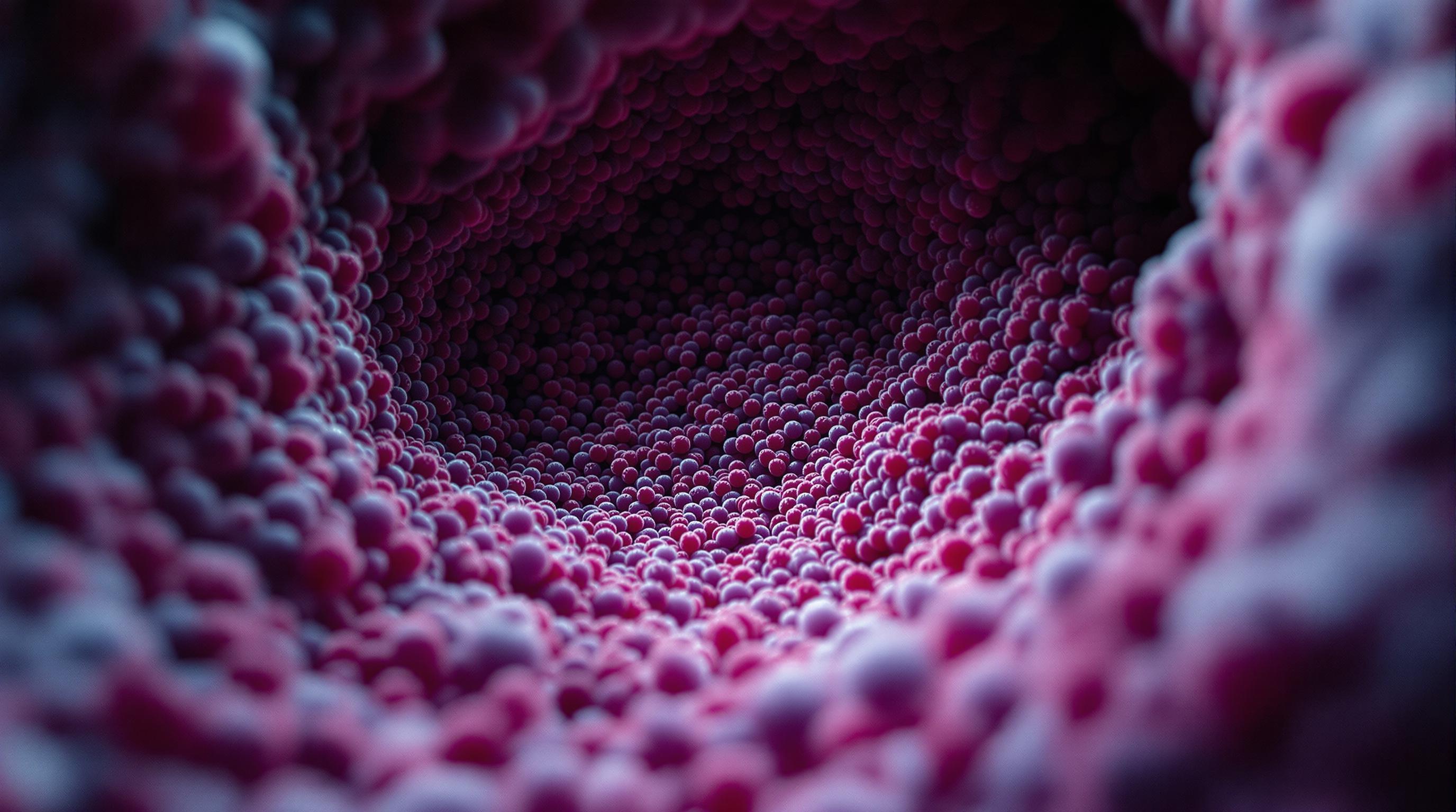 Dense bacterial colonies in dark red tones show overgrowth and microbial imbalance in the oral ecosystem.