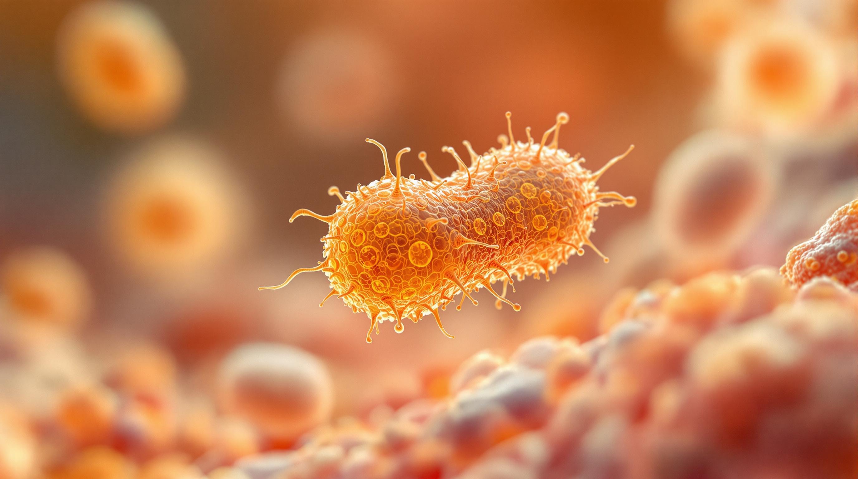 Symbiotic bacterium in the mouth shortly before division. Soft light, healthy environment, signs of peaceful growth.