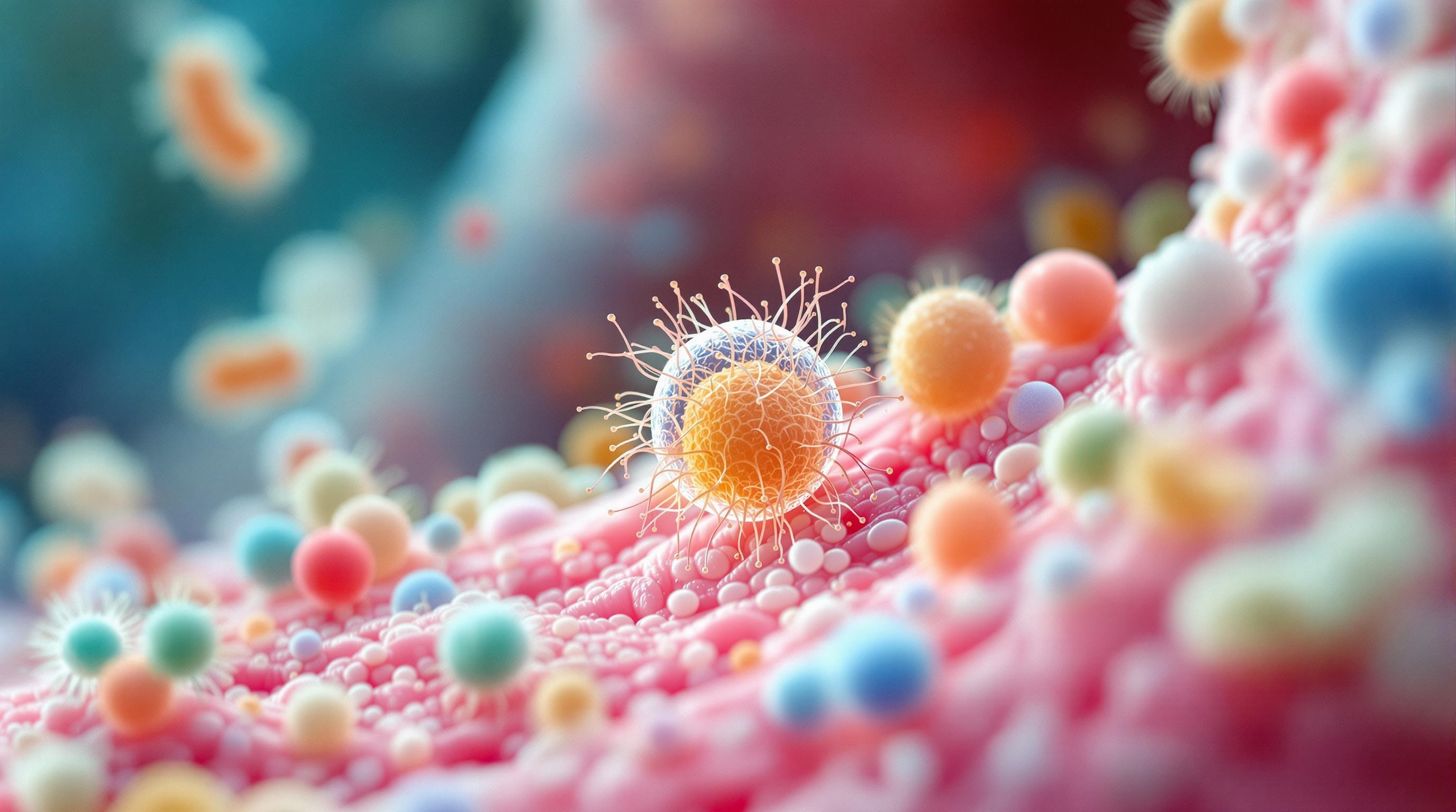 Friendly oral bacteria attach in orderly fashion to mucosal cells. Peaceful symbiosis.